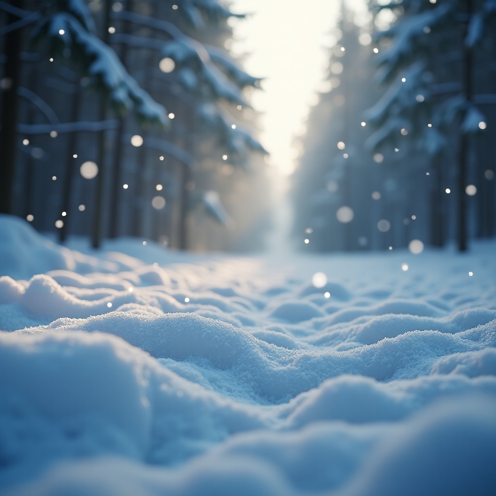 Close-up photo of snow-covered ground with snowfall. Soft lighting creates a realistic winter scene. Film effect adds to the beauty.