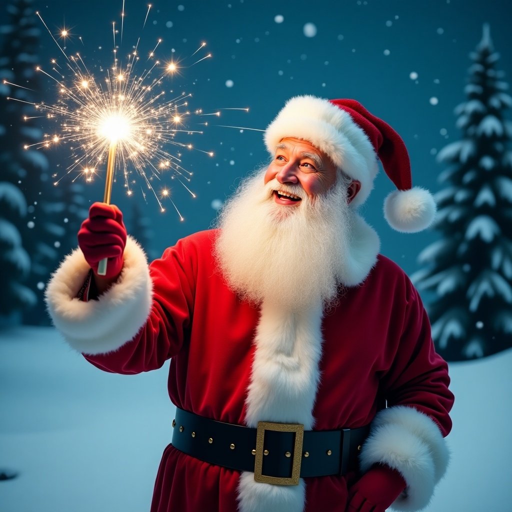 Santa Claus with a magical wand in the snow. He wears a red suit and hat. The wand shines brightly. Behind him are evergreen trees and a starry sky. The scene is festive and magical.