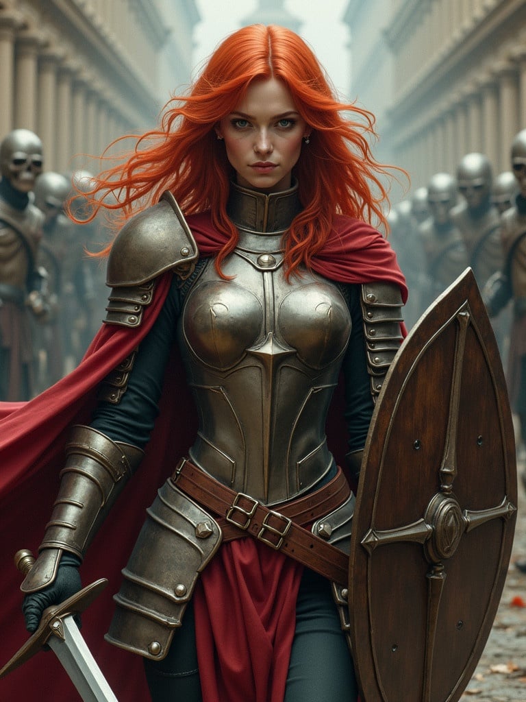 A red haired woman stands strong in revealing armor. She holds a sword in one hand and a shield in the other. The scene depicts her ready for battle against undead foes. The setting is a narrow street lined with soldiers. Flourishing red hair flows around her shoulders. Silver armor shines, reflecting the soft light. A dramatic pose exhibits intensity and bravery.