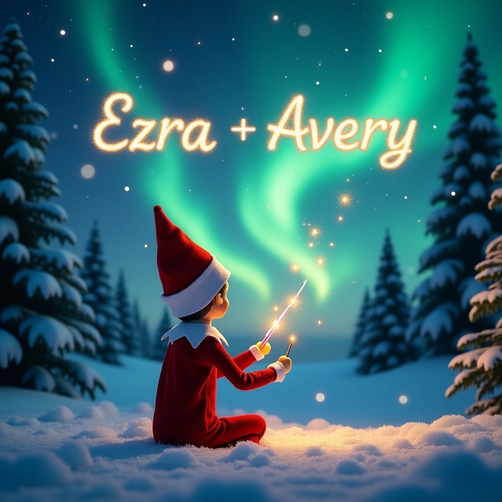 The image features an elf on the shelf, sitting with its back to the viewer, facing a beautiful sky filled with northern lights. The elf is using a magical wand to write names in the sky. The scene is set in a winter wonderland with snow covering the ground and evergreen trees in the background. Above the elf, the names 'Ezra’ and 'Avery' are elegantly written in sparkling light. The overall atmosphere is whimsical and festive, embodying the magic of Christmas.