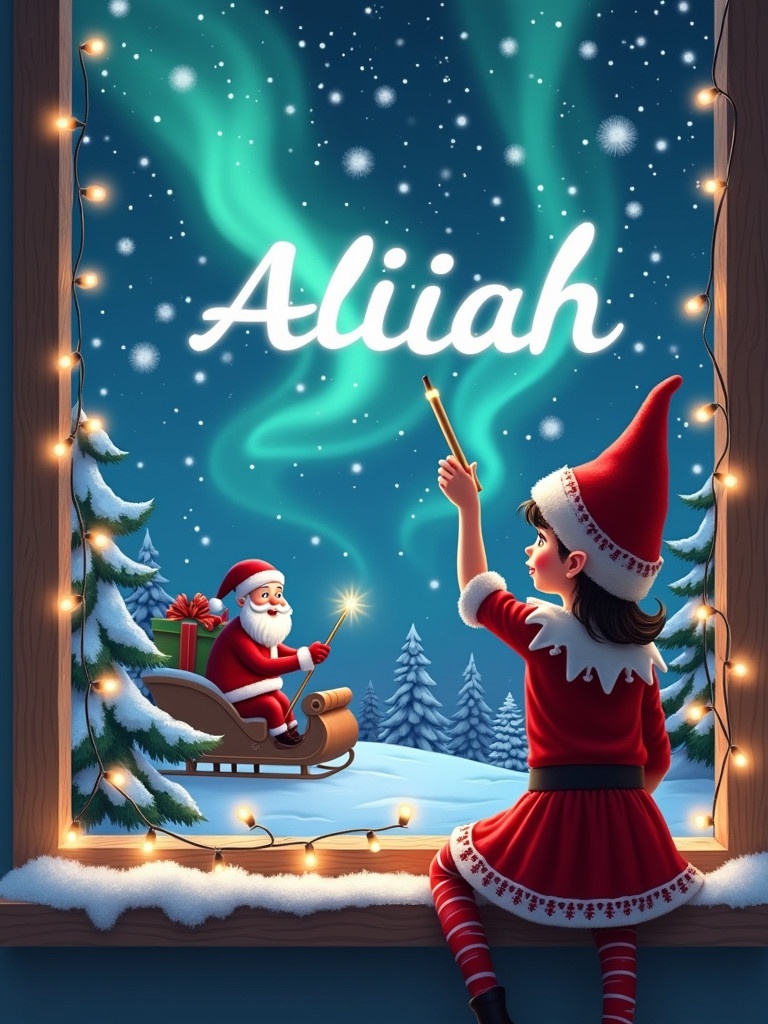 A girl elf on the shelf writes the name 'Alilah' with a wand amid northern lights. Santa Claus and his sleigh are in the background. Presents surround the cozy scene. Snow-covered trees enhance the festive vibe. Warm lights twinkle around the window, celebrating Christmas.