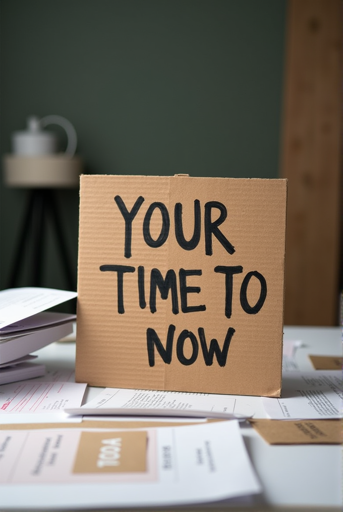 A cardboard sign reading 'YOUR TIME TO NOW' is placed on a cluttered desk with papers, against a muted green wall.