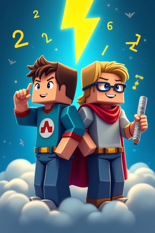 Two superhero children pose together. One child wears glasses and holds a pencil. The other holds a rolled test paper. They stand back to back and point to their temples as if thinking. A large yellow lightning bolt rises above them. Yellow mathematical symbols float in the air. The background is royal blue and clouds surround their lower bodies. The art style is reminiscent of Minecraft.