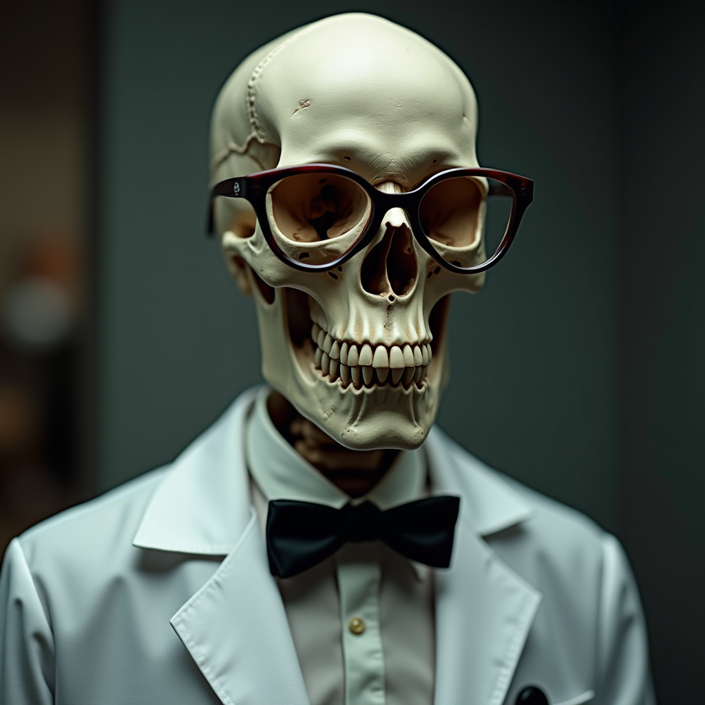 A skeleton dressed in a suit, glasses, and a bow tie stands in a formal pose.