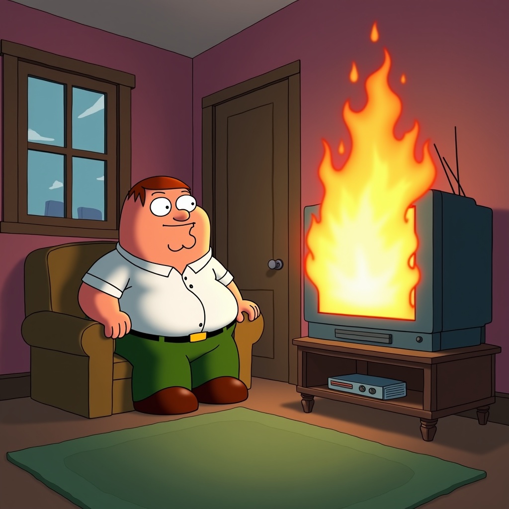 The scene depicts Peter Griffin, a well-known animated character, sitting on a couch in a cozy living room. The television in front of him is engulfed in flames, creating a chaotic but humorous situation. Peter is smiling, seemingly unfazed by the fire, which adds to the comedic effect of the image. The room has a warm, inviting color palette with pink walls and simple furnishings. There's a contrast between the calm demeanor of Peter and the chaotic fire in the TV, exemplifying a classic comedic moment from an animated show.