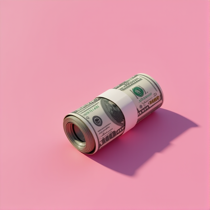 A roll of US dollar bills is secured with a band, placed on a pink background.