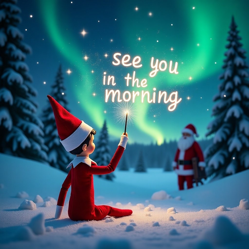 Elf on the Shelf positioned with its back to viewer. Facing beautifully illuminated night sky. Elf enchanting scene with magic wand. Crafting names 'see you in the morning' in air. Backdrop with winter landscape, shimmering snow, evergreen trees, under glow of northern lights. Santa Claus seen in distance. Magical moment captures holiday joy and wonder.