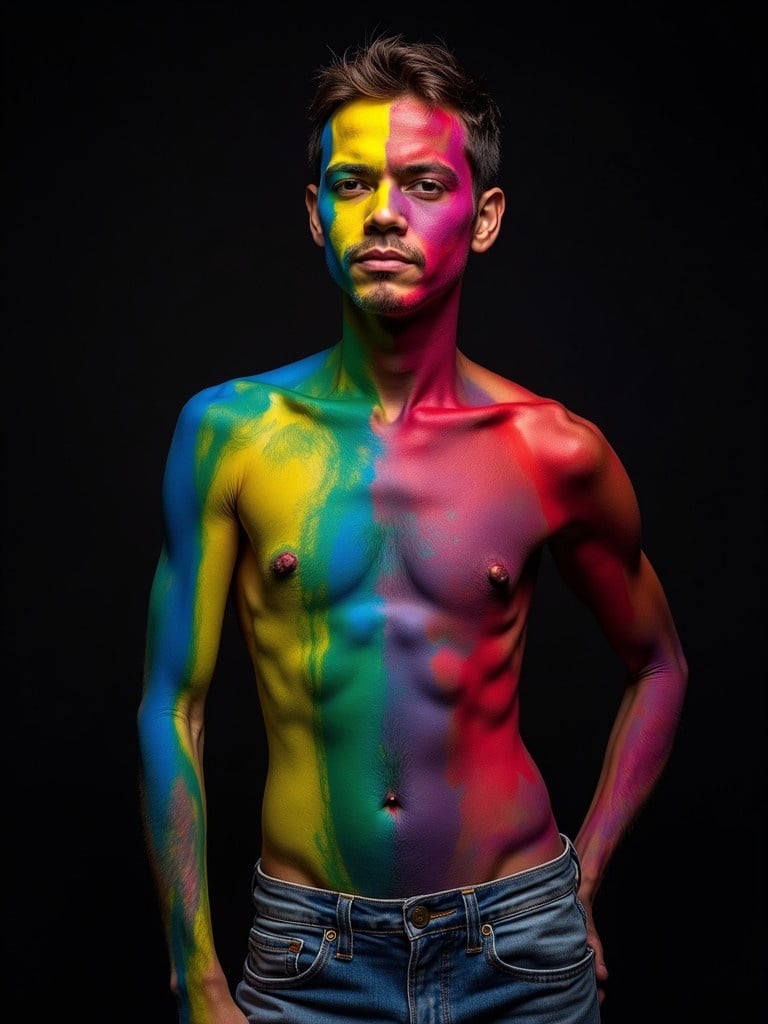 Person covered in rainbow body paint against dark background. Artistic and colorful expression. Focus on torso and arm details. Background is black to accentuate colors.