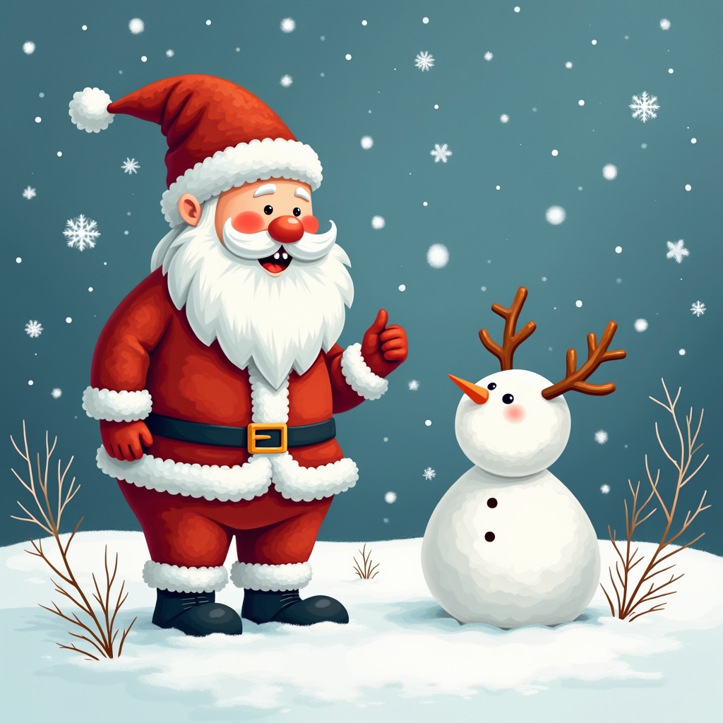 This image depicts a cheerful Santa Claus standing in a snowy landscape. He has a big white beard and is wearing his classic red suit. Next to him stands a snowman with a carrot nose and antlers. Snowflakes are gently falling from the sky, adding to the winter wonderland atmosphere. Santa has a big smile and is giving a thumbs up. This playful scene captures the spirit of Christmas and winter fun with a whimsical touch.