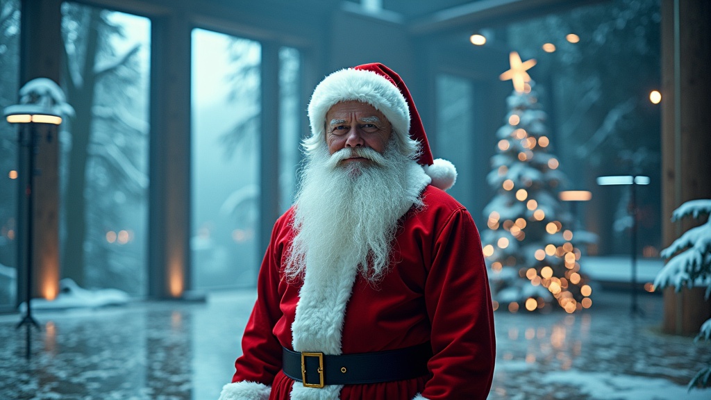 Cinematic image of Santa Claus in a futuristic room. Openings show woods and sky. Santa surrounded by glowing BIM models and AI visualizations. Holiday greeting messages overlay. Hyperrealistic style.