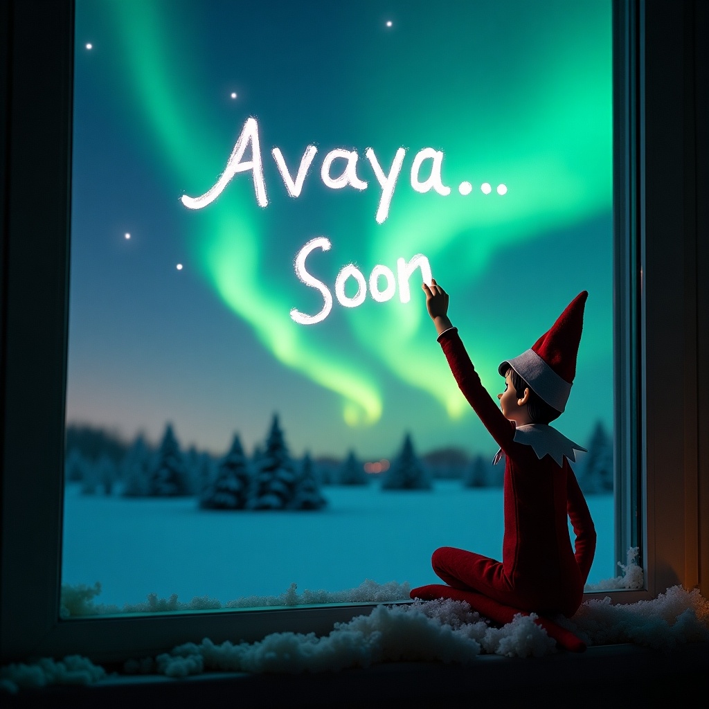 An elf sits on a window sill during winter. The background features beautiful northern lights casting a magical glow. The elf is playfully writing 'Avaya... Soon' in the sky with its finger. Snow-covered trees are visible outside the window, enhancing the winter wonderland scene. The atmosphere is festive and whimsical, perfect for the holiday season.