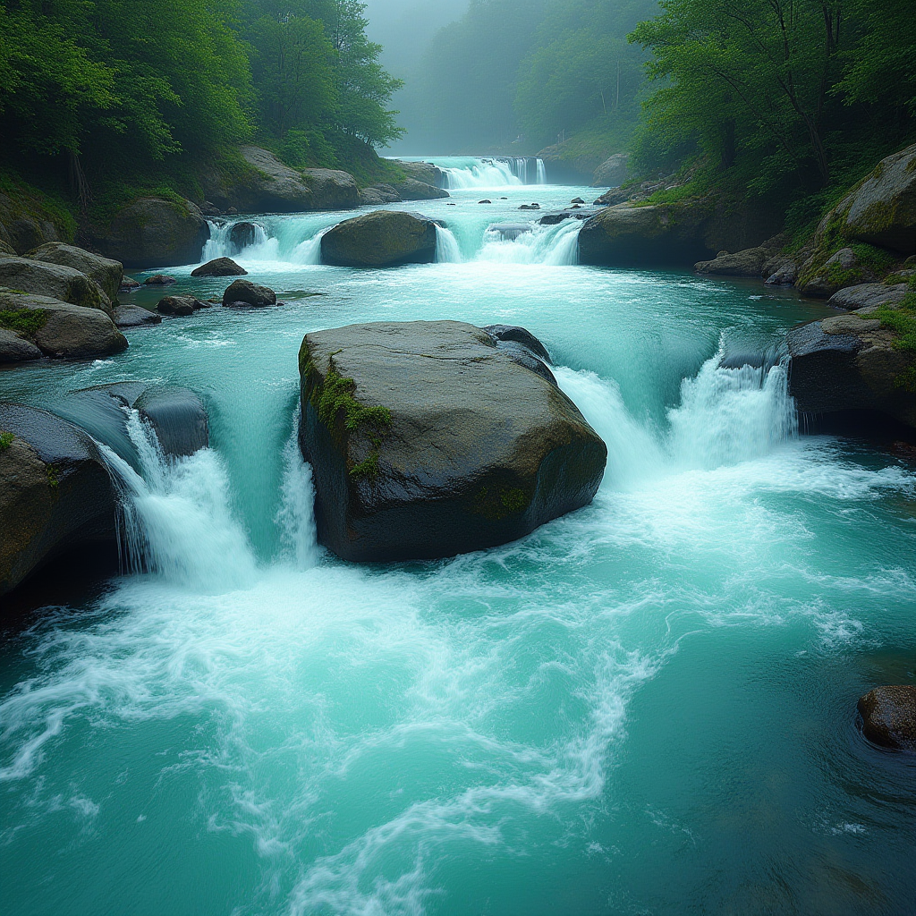 A beautiful turquoise river flows over rocks, surrounded by lush green trees.