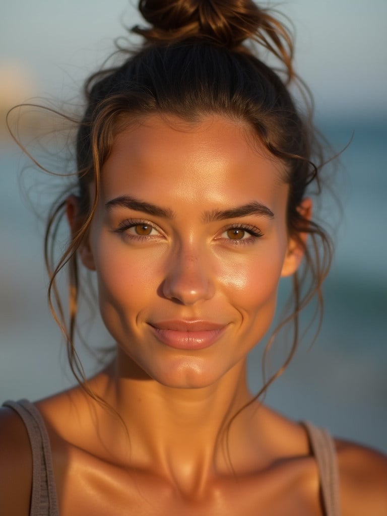 Portrait of a woman with sun-kissed skin. Confident gaze and casually styled hair. Warm ambient light highlights her features against a soft background. Relaxed and approachable vibe captured in the image.