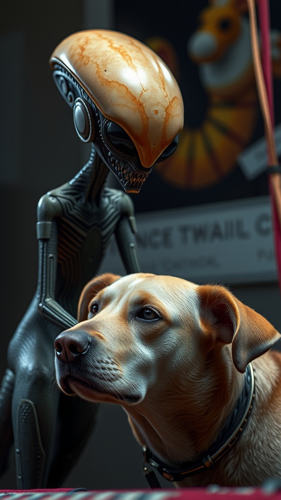 The image depicts a realistic, beautifully-rendered dog sitting beside a sleek, futuristic alien figure. The alien's helmet is reflective and metallic, contrasting with the soft fur of the dog, which is looking calmly into the distance. The background is slightly blurred, focusing on an abstract poster that further enhances the sci-fi theme of the setting.