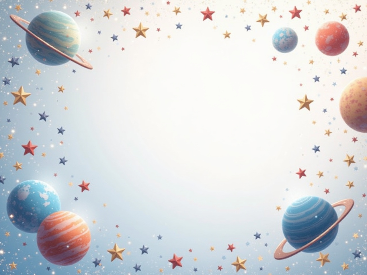 Create an image with a mostly white background featuring stars and planets scattered throughout. The stars should twinkle in various sizes, creating a whimsical atmosphere. Include different planets with colorful rings and textures, floating against the bright backdrop. The overall effect should evoke a sense of wonder and fantasy, similar to a cosmic scene. Make sure the arrangement of stars and planets feels balanced and enchanting.