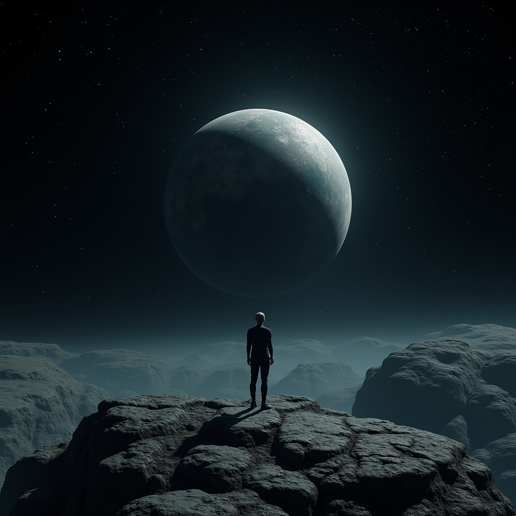 A person stands on a rocky surface under a large planet in a starry night sky.