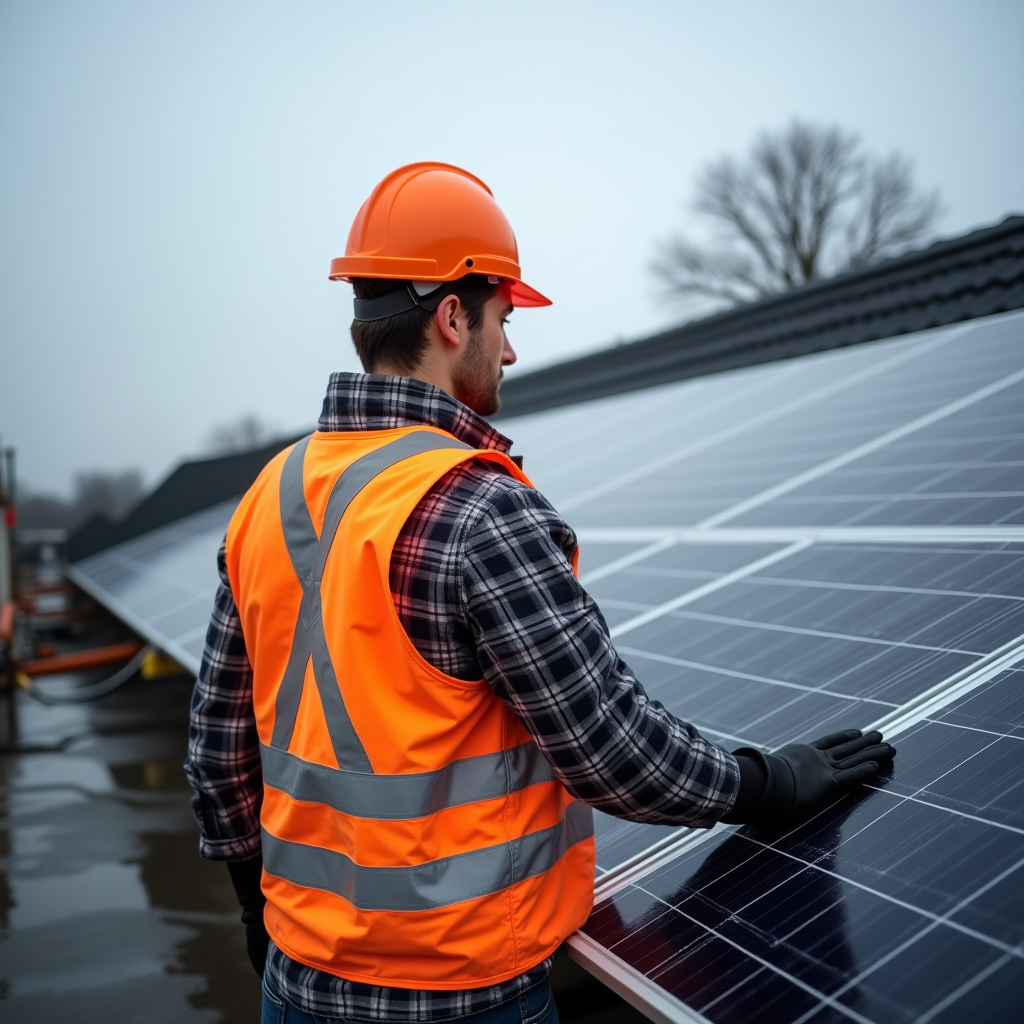 A worker in a bright orange safety vest and hard hat inspects solar panels under a cloudy sky.