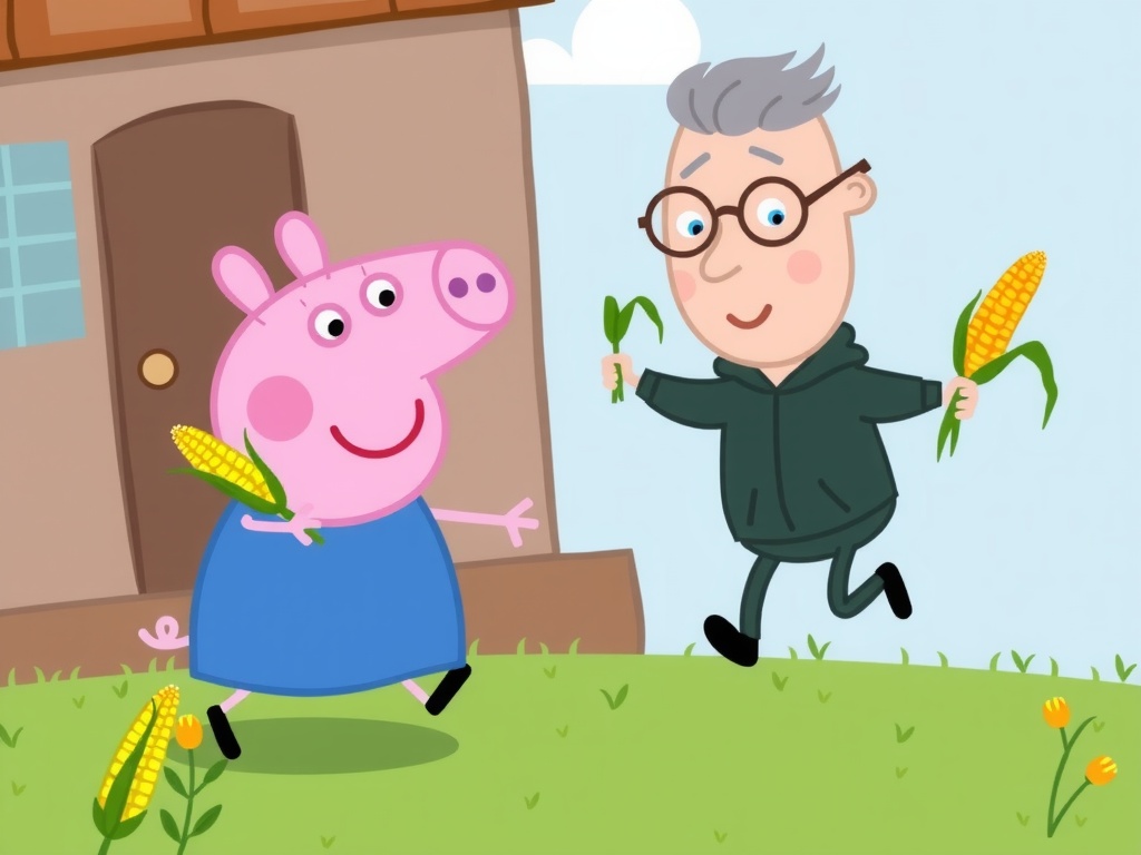 The image depicts a whimsical scene with an anthropomorphic pig character and a stylized human figure joyfully engaging in a playful activity outdoors. Both are holding ears of corn, suggesting a theme of harvest or celebration. This cartoon-style illustration, set against a bright, sunny backdrop with soft pastel colors, gives a cheerful and lighthearted vibe.