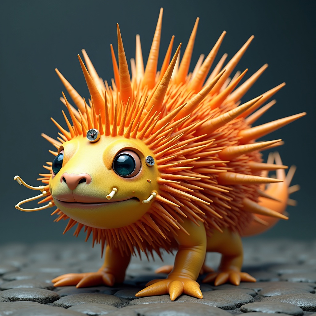 Create a hybrid creature with features of a porcupine and pufferfish. Full-body representation showcasing spikes. Design emphasizes strength and character. Rich orange spikes detailed with mechanical elements. Suitable for animation or gaming.