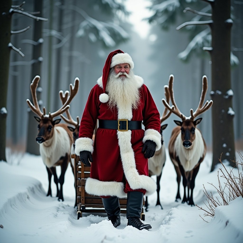 Santa Claus stands in a snowy forest with reindeer. A wooden sledge is nearby. Text in Hungarian asks if children were good.