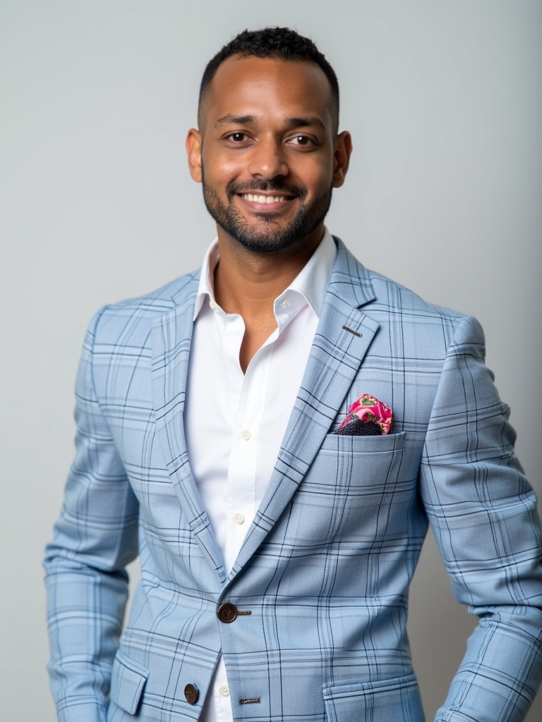 A man stands against a plain light background. He wears a light blue checked blazer with a notch lapel. Underneath the blazer is a crisp white shirt. The collar is partially unbuttoned with a visible dark tie. A colorful pocket square is in the blazer pocket. The man appears confident with a slight smile. His arms are relaxed at his sides and presents a polished appearance.