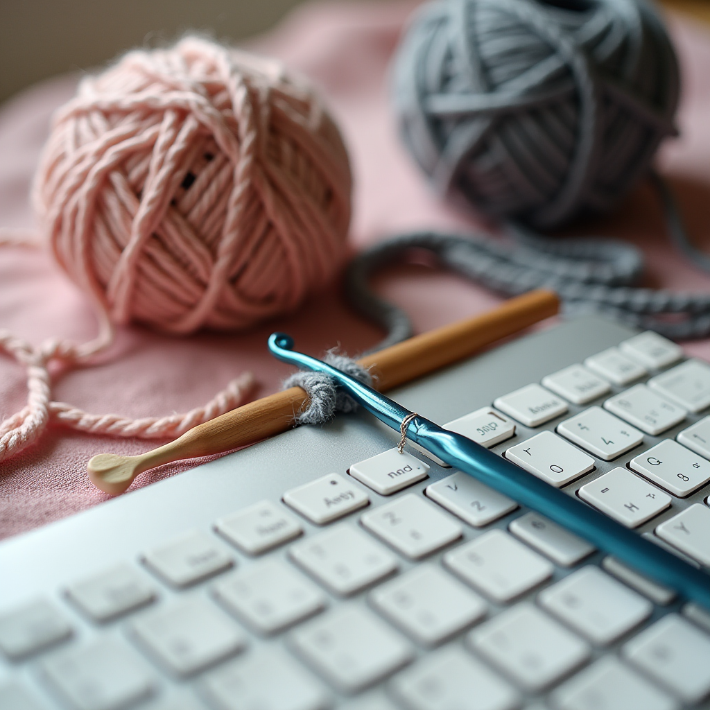 Two balls of yarn, pink and gray, with crochet hooks resting on a computer keyboard.