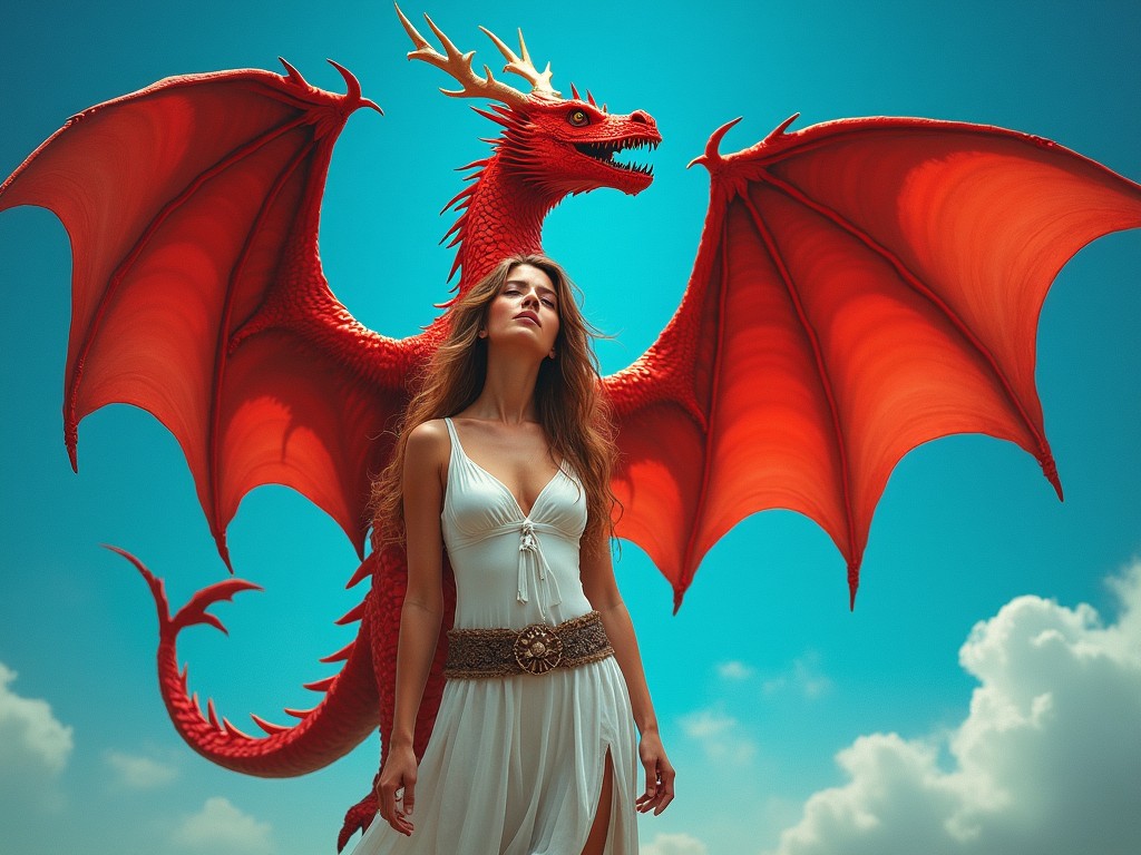 The image depicts a woman with wings standing heroically in front of a vivid blue sky. She is adorned in a flowing, white garment that contrasts with her vibrant surroundings. Behind her, a magnificent red dragon spreads its wings, exuding power. The combination of the woman and dragon creates a sense of fantasy and adventure. This artwork captures the imagination, inviting viewers into a world of mythical creatures and epic tales.