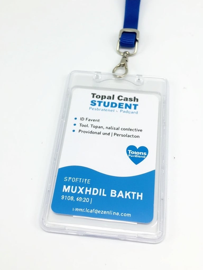 Image of a student ID card. Blue and white design with specific details. Name and ID number visible. Attached lanyard for easy carrying.