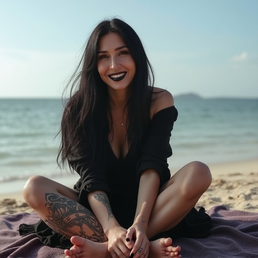 Image features a mature goth woman with long black hair and black lips. She's showing her tattooed soles of bare feet. She's sitting on a blanket on the beach while smiling.