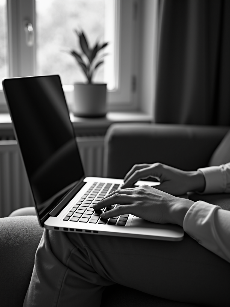 A person sitting on a sofa with a laptop on their lap, typing with focused attention.