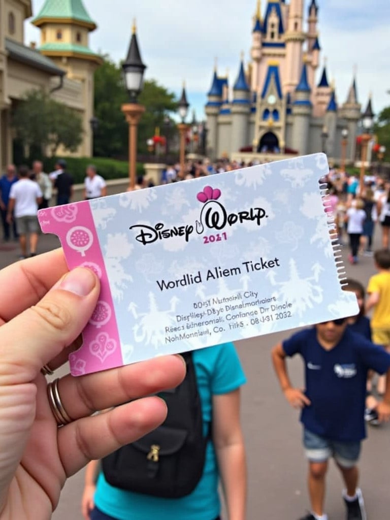 ticket to Disney World shown in front of Cinderella Castle with people walking by.