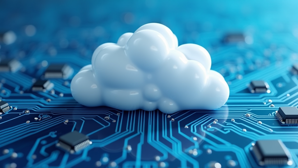 A soft white cloud resting on a blue circuit board, symbolizing the intersection of technology and cloud computing.