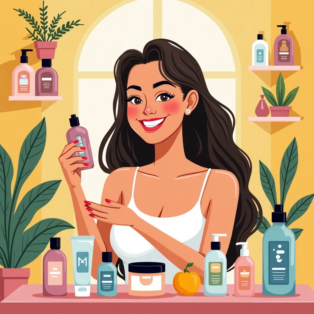 Colorful illustration of a woman with long dark hair promoting skincare. She smiles while holding a product and is surrounded by various bottles on a shelf. The background is bright yellow with plants. A cozy and inviting atmosphere conveys a passion for skincare.