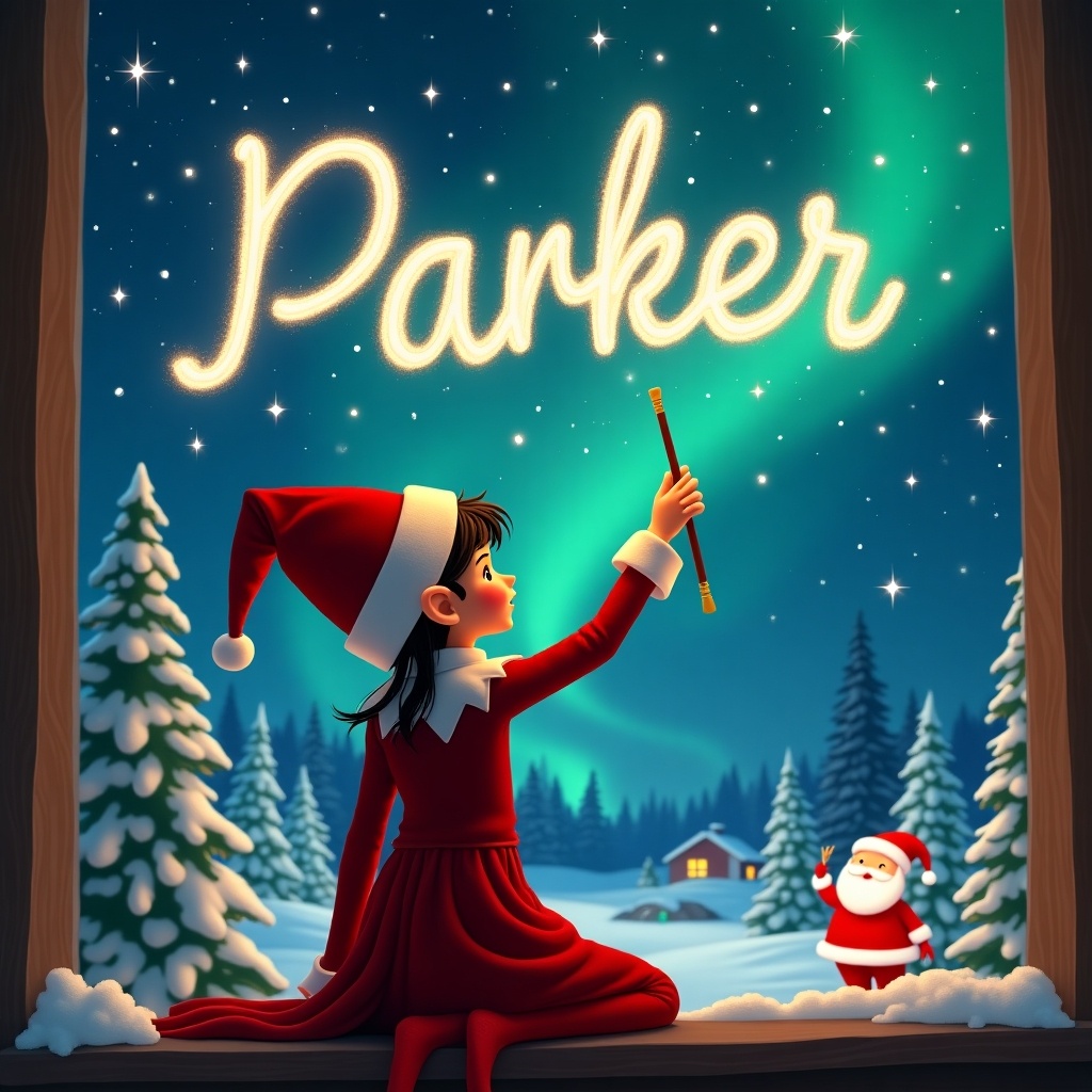 In this magical scene, a girl dressed as an elf faces the sky, her back turned towards the viewer. She joyfully uses a wand to write the name 'Parker' in the air, surrounded by twinkling stars. The backdrop features beautiful northern lights illuminating the night sky. To her side, Santa stands, adding to the festive atmosphere. The snow-covered landscape and evergreen trees enhance the enchantment of this Christmas moment, making it feel whimsical and joyful.