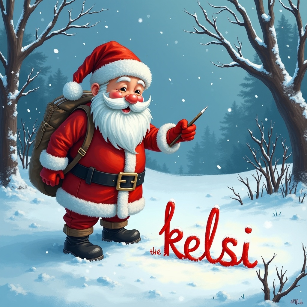 This image depicts Santa Claus joyfully drawing the name 'kelsi' in the freshly fallen snow. He is dressed in his classic red suit, complete with a white beard and a backpack slung over his shoulder. The background features a serene winter landscape with snow-covered trees and a softly falling snow. Santa appears cheerful as he focuses on his drawing. The snowy ground provides a perfect canvas for his creative expression. This image captures the whimsical essence of the holiday season.