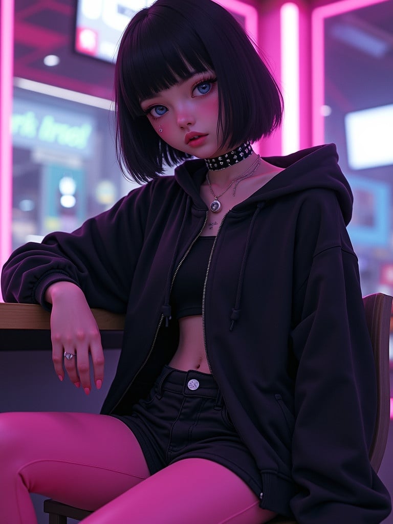 A girl with short black hair sits at a futuristic bar. She wears an oversized black zipper hoodie with a black shirt underneath. She pairs it with pink leggings and black shorts. Her outfit is completed with white sneakers and a studded black choker. Neon lights illuminate the setting.