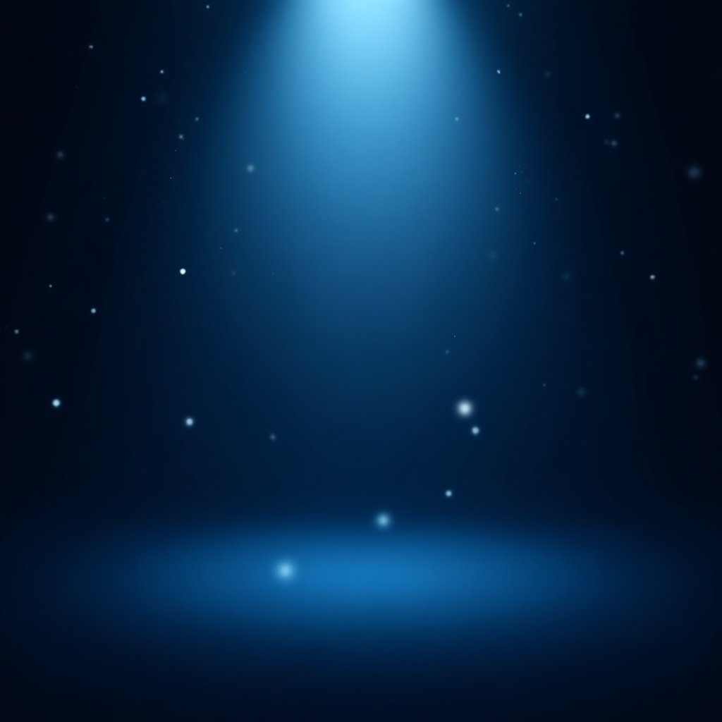 Image features dark transparent blue background with soft spotlight. Center illuminated creating serene ambiance. Smooth transition from dark tone to lighter blue. Glowing particles add depth.