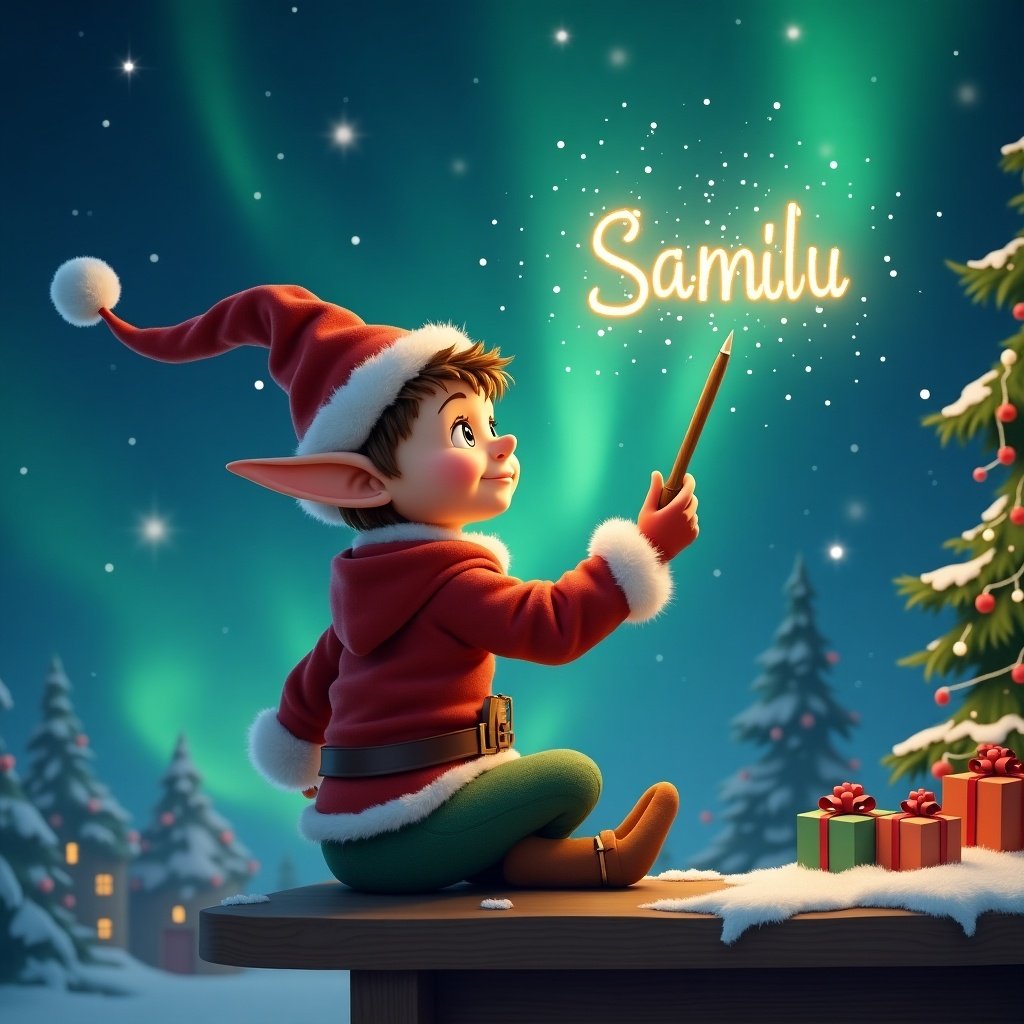 A brown boy elf wearing a Santa hat, using a wand to write in the sky. The background features a magical Christmas scene with northern lights and gifts.