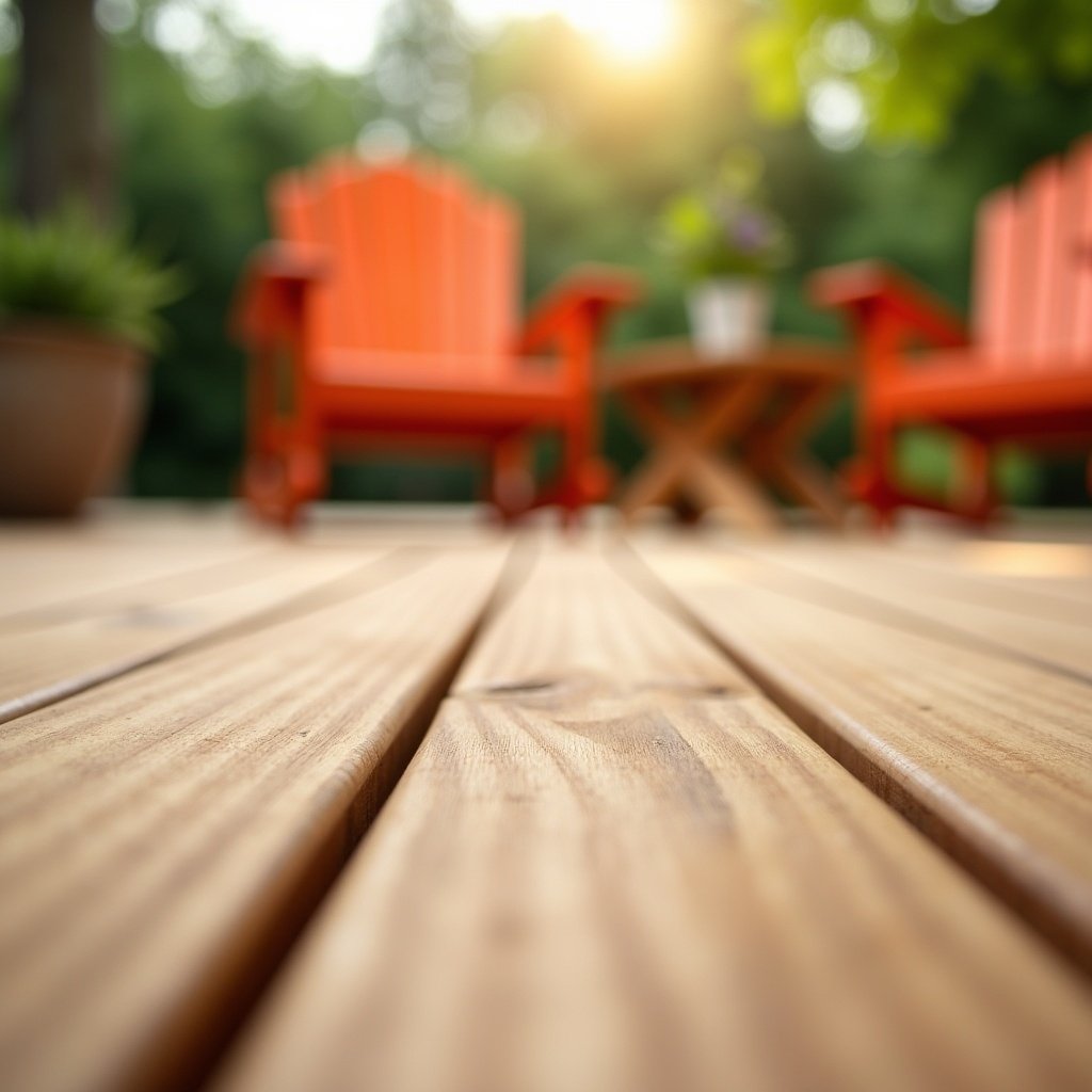 Close-up view of a wooden deck showing a bright orange chair and wooden table in soft focus. The scene suggests relaxation in a natural outdoor setting. Warm tones highlight the wood's grain.