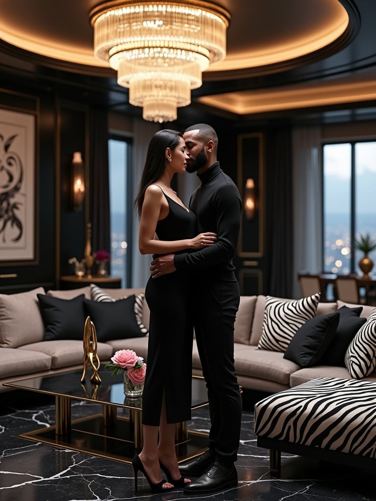 A hyper-realistic image of a couple in a luxurious living room. The female wears an elegant black dress and has expressive eyes. The male wears a stylish cowl neck sweater and tailored pants. The living room features Art Deco design with a zebra color scheme. There is a large chandelier, velvet furniture, and black marble floors. The atmosphere is romantic and intimate with city lights visible.