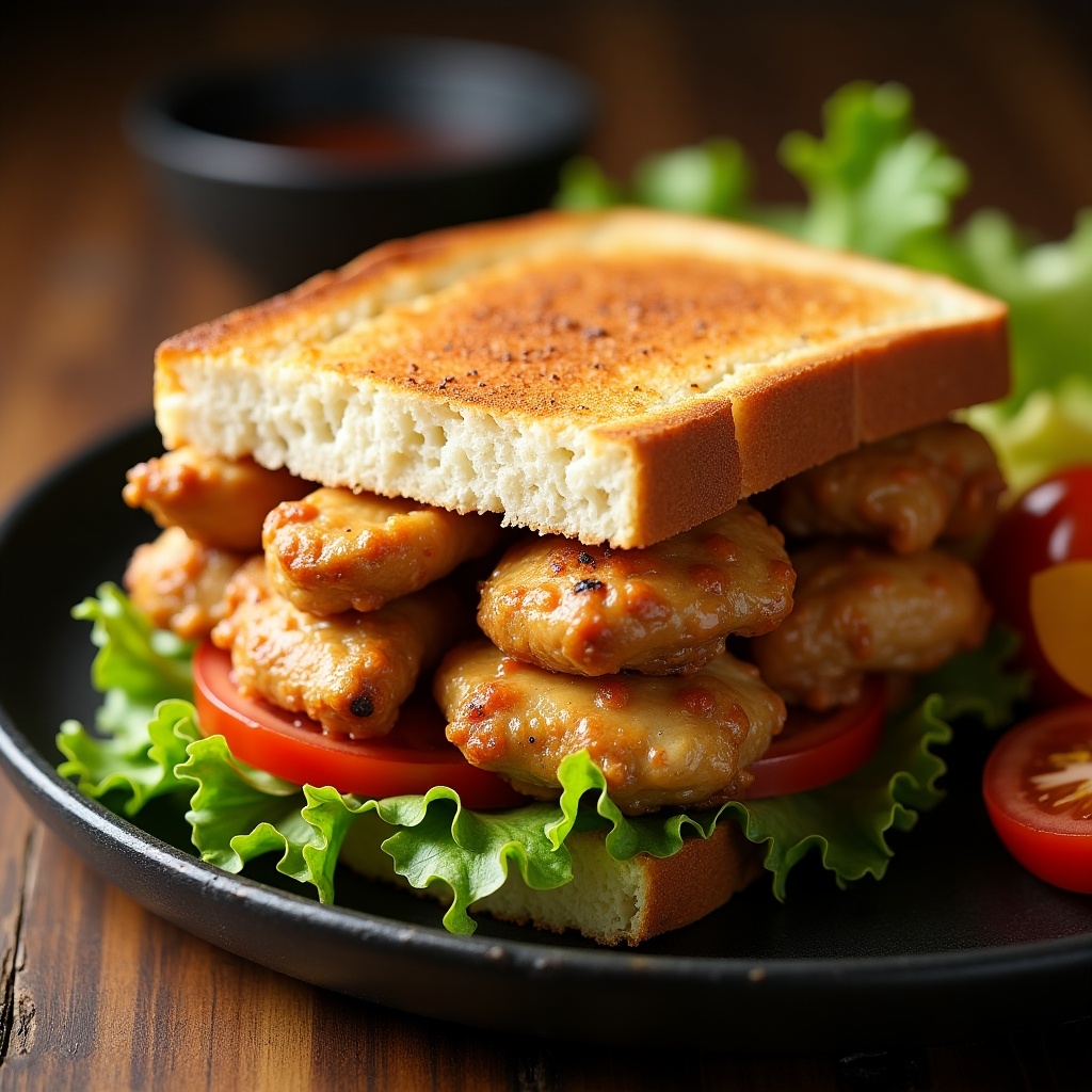 This image features a delicious sandwich stacked high with crispy chicken pieces cooked in a pan. The sandwich is made with toasted white bread, providing a crunchy texture that complements the juicy chicken. Inside the sandwich, you'll find fresh iceberg lettuce and sliced tomatoes, adding a refreshing crunch. The dish is served on a black plate with a small bowl of dipping sauce on the side. This presentation highlights the vibrant colors and enticing arrangement of the ingredients, making it a perfect meal for any time of the day.