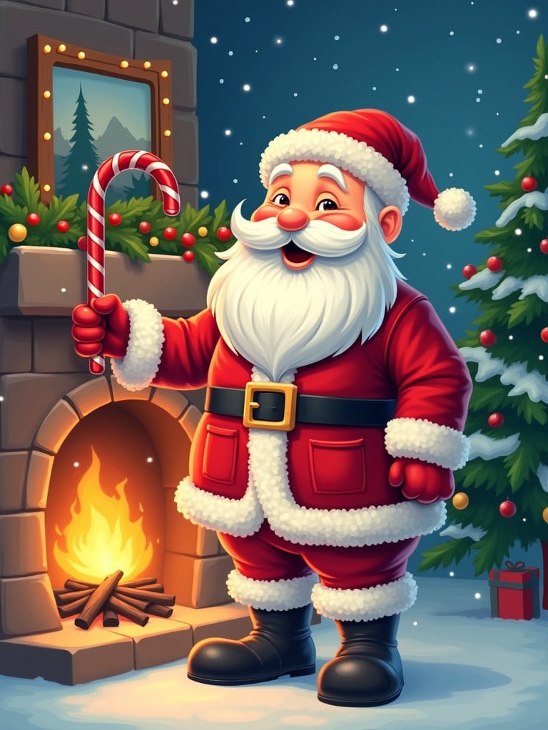 Illustration of a Santa Claus figure standing next to a fireplace. Santa holds a candy cane. Background features a decorated Christmas tree and falling snow.