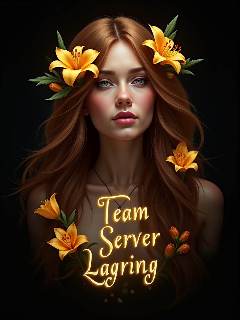 Long flowing brown hair full of golden lily flowers. Black background with glowing yellow text saying Team server lagring.