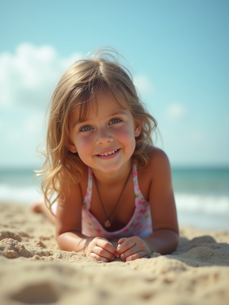 A young child lies on the beach sand. The child has a big smile and looks directly at the camera. The child wears a bikini and is positioned on her stomach. The photo captures a viewpoint above her. The sea and sky are visible in the background.