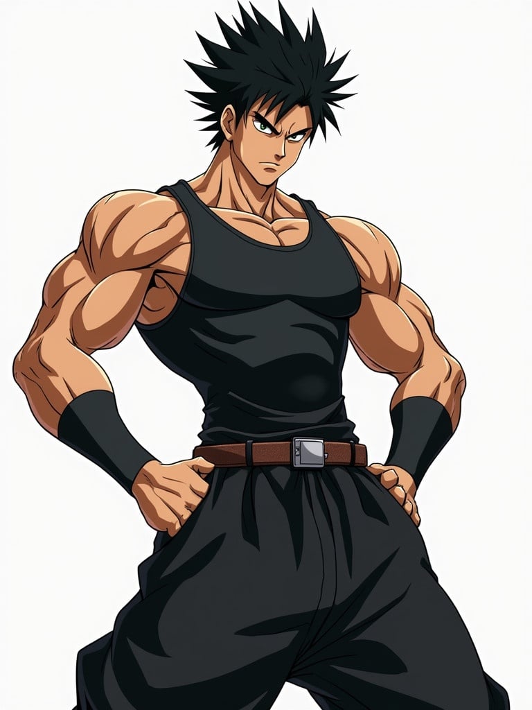 Dynamic anime character in action pose. Wearing tight muscle shirt and black baggy harem pants. Serious expression with dark spiky hair sticking upwards. Cocky but serious demeanor.