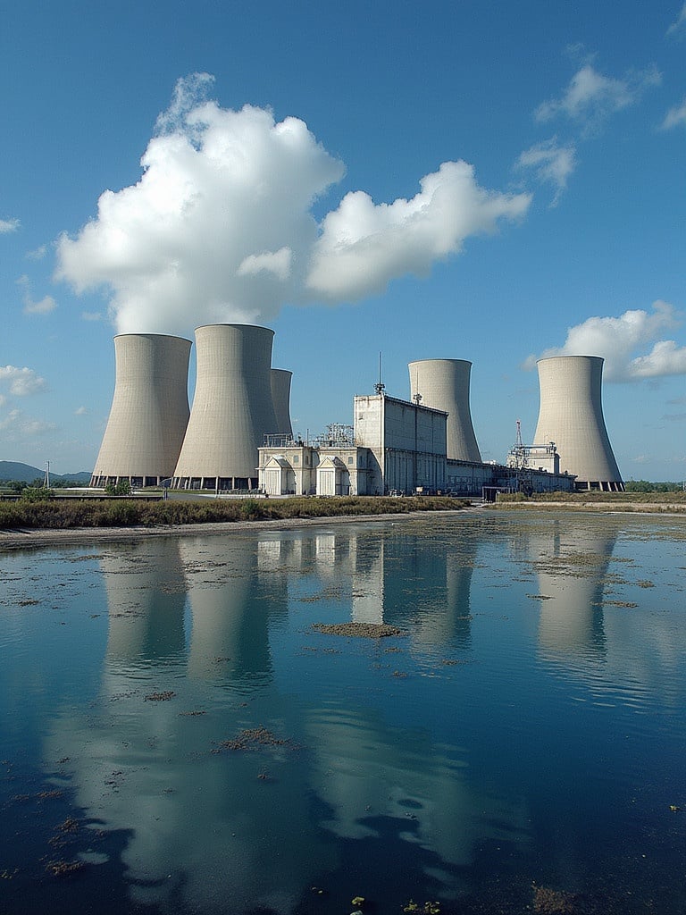 Image shows a nuclear power plant with large cooling towers beside a calm water body. Blue sky with few clouds. Reflection of the towers in the water. Scene indicates energy production.