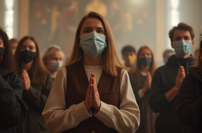 People wearing face masks stand together in prayer inside a church.