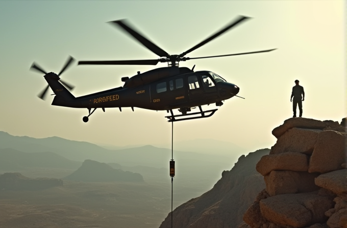 A helicopter hovers near a cliff where a person is standing, silhouetted against a hazy sky and mountains.