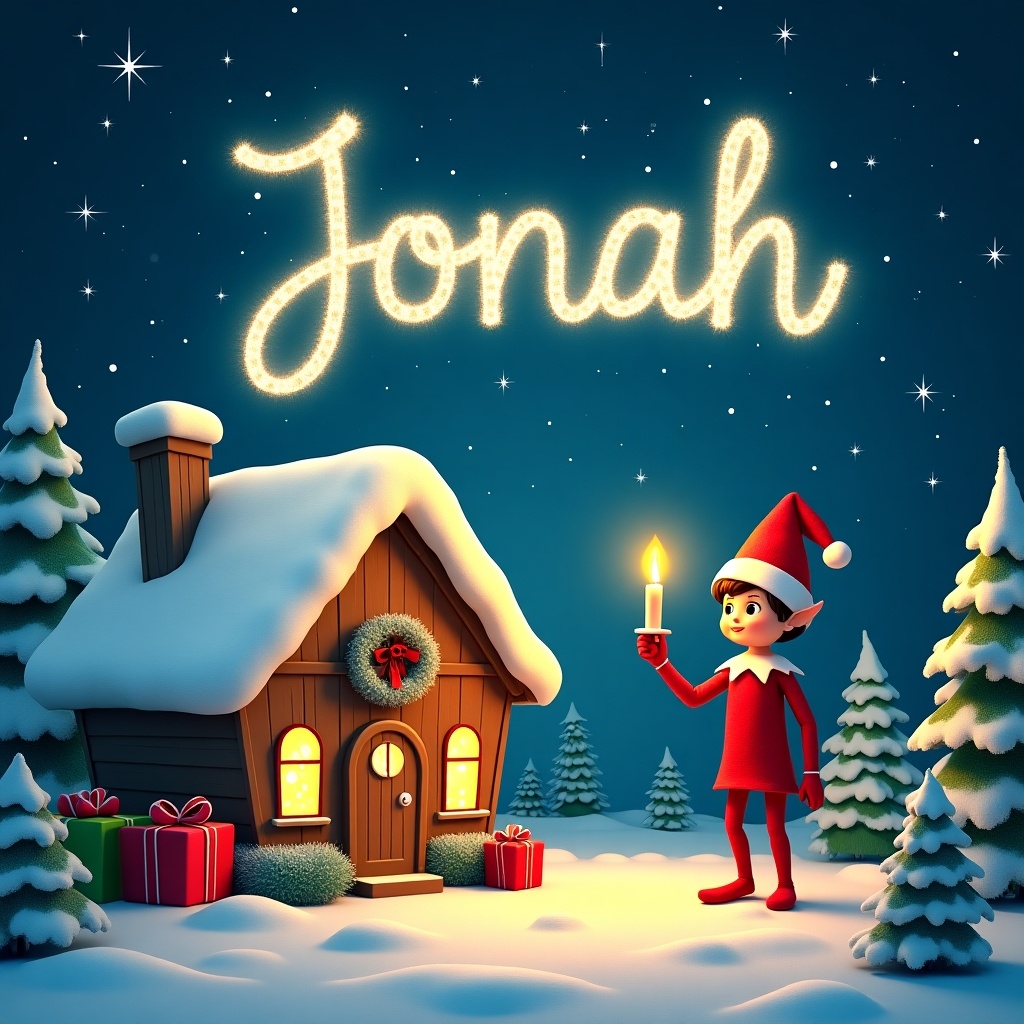 The image depicts a magical Christmas scene featuring an elf on the shelf writing 'Jonah' in sparkling light in the night sky. The setting includes a cozy cottage adorned with snowy rooftops and gifts at its door. Surrounding the cottage are snow-draped evergreen trees, creating a winter wonderland atmosphere. The elf, dressed in a bright red outfit and a matching hat, stands proudly holding a glowing candle, adding warmth to the scene. Stars twinkle brightly against the dark blue sky, enhancing the enchanting feel of this holiday moment.