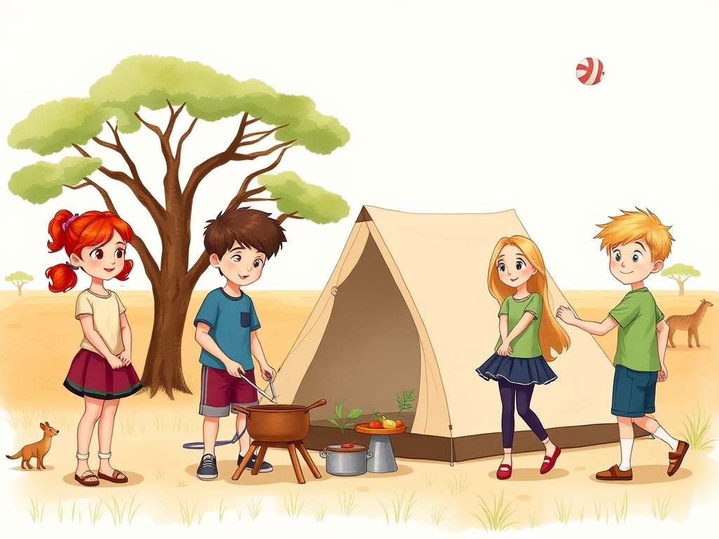 This illustration depicts a colorful camping scene with four children gathered around a tent in a natural, safari-like setting. A boy is stirring a pot on a small camp stove, while the others appear to be interacting and having fun. In the background, there are a few safari animals and a large tree, creating a sense of adventure and exploration.